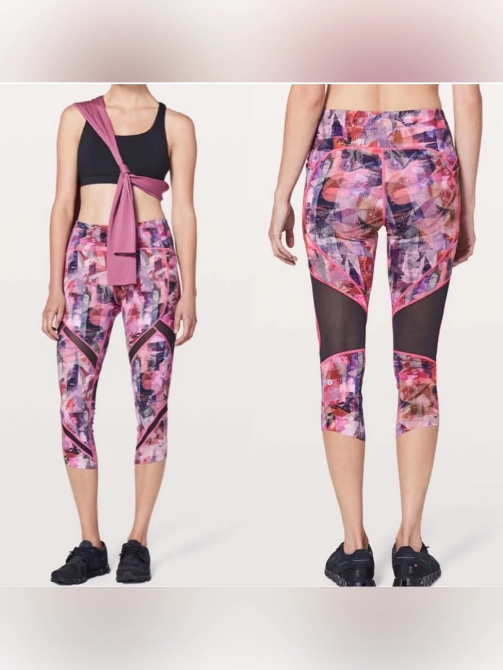 Lululemon On Pace Crop 21” Sun Dazed Multi Pink Black Mesh Leggings Size 8